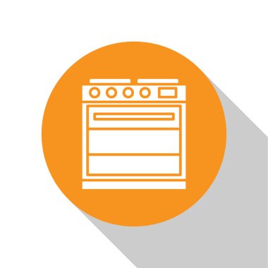 Beyaz arka planda beyaz fırın simgesi izole edildi. Fırın tabelası. Turuncu daire düğmesi. Vektör İllüstrasyonu.