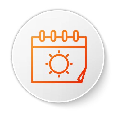 Turuncu çizgi takvimi ve güneş ikonu beyaz arkaplanda izole edildi. Olay hatırlatma sembolü. Beyaz daire düğmesi. Vektör İllüstrasyonu.