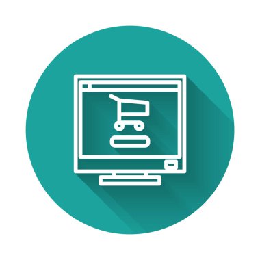 Ekran bilgisayarındaki beyaz çizgi alışveriş arabası uzun gölgeli izole edilmiş. Konsept e-ticaret, e-ticaret, online iş pazarlama. Yeşil daire düğmesi. Vektör İllüstrasyonu.
