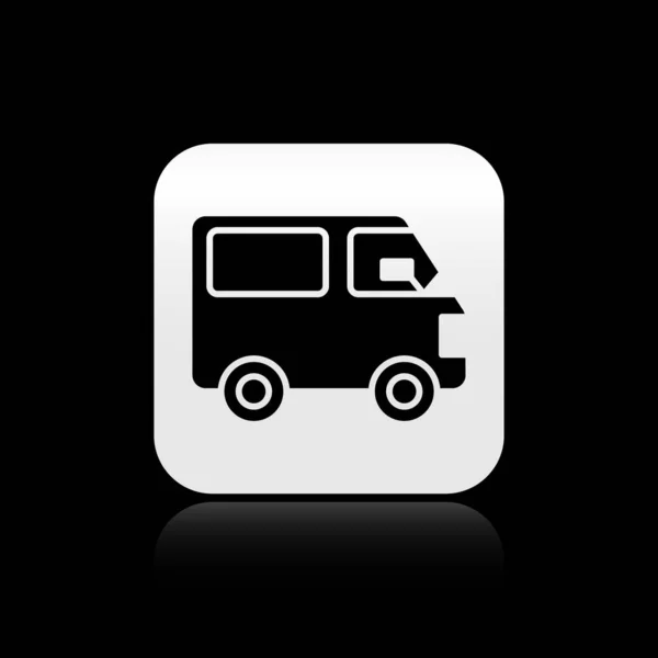 Zwarte Levering Vrachtwagen Voertuig Pictogram Geïsoleerd Zwarte Achtergrond Zilveren Vierkante — Stockvector