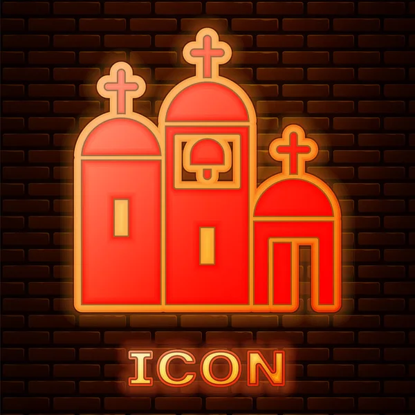 Leuchtende Neon Kirche Gebäude Ikone Isoliert Auf Backstein Wand Hintergrund — Stockvektor