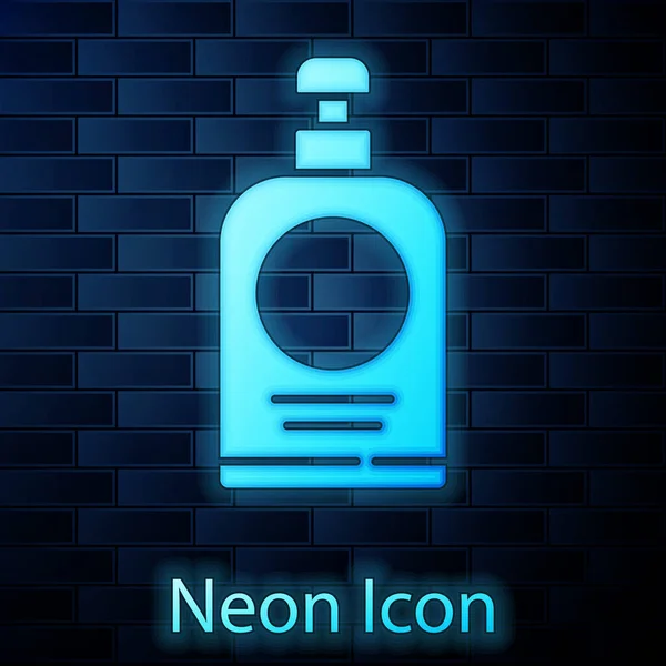 Leuchtende Neon Handdesinfektionsflasche Symbol Isoliert Auf Backsteinwand Hintergrund Desinfektionskonzept Waschgel — Stockvektor