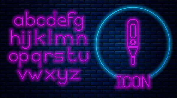 Ragyogó Neon Orvosi Digitális Hőmérő Orvosi Vizsgálathoz Ikon Elszigetelt Téglafal — Stock Vector