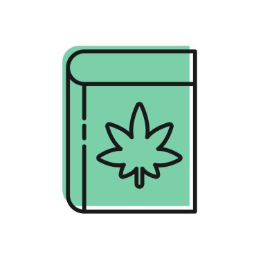 Siyah çizgi kitabı ve marihuana ya da beyaz arka planda izole edilmiş kenevir yaprağı ikonu. Kenevir sembolü. Vektör İllüstrasyonu.