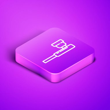 Mor arka planda izole edilmiş dumanlı pipo içen Isome hattı. Tütün piposu. Mor kare düğme. Vektör İllüstrasyonu.