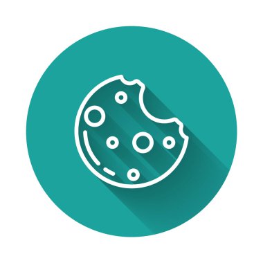 Uzun gölgeli, marihuana yapraklı beyaz çizgi çikolatalı kurabiyeler. Ot, kenevir, tıbbi ve eğlence amaçlı esrar. Yeşil daire düğmesi. Vektör İllüstrasyonu.