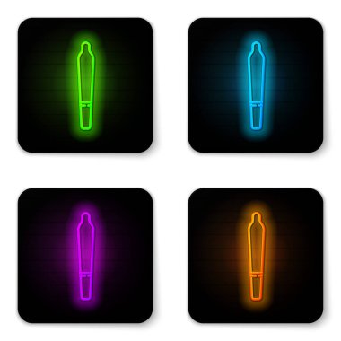 Parlak neon hattı marihuana esrarı, beyaz arka planda izole edilmiş sigara ikonu. Uyuşturuculu sigara, esrar sarılmış sigara. Siyah kare düğme. Vektör İllüstrasyonu.