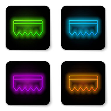 Beyaz arkaplanda izole edilmiş köpük ikonlu parlak neon çizgisi Sponge. Bulaşık yıkamak için bir tutam Bast. Temizlik servisi logosu. Siyah kare düğme. Vektör İllüstrasyonu.