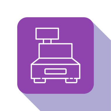 Beyaz hat yazar kasa, beyaz arka planda izole edilmiş bir çek simgesi var. Kasiyer tabelası. Tabut sembolü. Mor kare düğme. Vektör İllüstrasyonu.