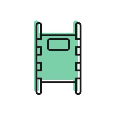 Siyah çizgi sedye simgesi beyaz arkaplanda izole edildi. Hastanenin tıbbi sedyesi. Vektör İllüstrasyonu.