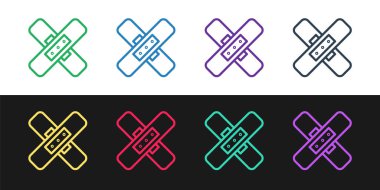 Çizgi çizgisi çapraz bandaj alçı simgesi siyah ve beyaz arka planda izole. Tıbbi alçı, yapıştırıcı bandaj, esnek kumaş bandajı. Vektör İllüstrasyonu.