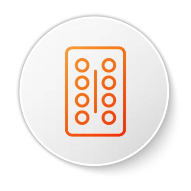 Beyaz arka planda izole edilmiş, su toplayan paket ikonundaki turuncu çizgi hapları. İlaç paketi. Tablet, vitamin, antibiyotik, aspirin. Beyaz daire düğmesi. Vektör İllüstrasyonu.