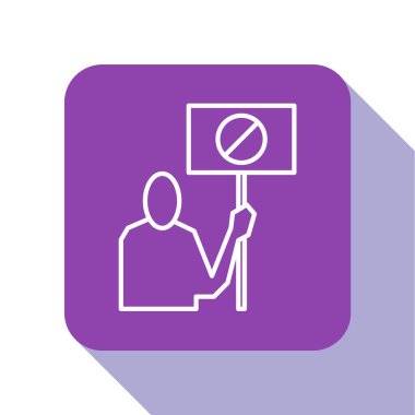 Beyaz çizgi doğa beyaz arka planda izole edilmiş protesto simgesini kaydediyor. Dünya gezegeni koruması, çevre sorunları gösterisi. Mor kare düğme. Vektör İllüstrasyonu.