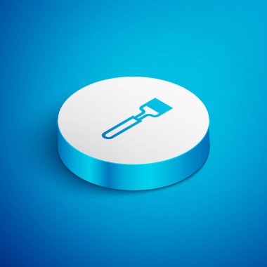 Isometric line Fork icon isolated on blue background. Cutlery symbol. White circle button. Vector Illustration.