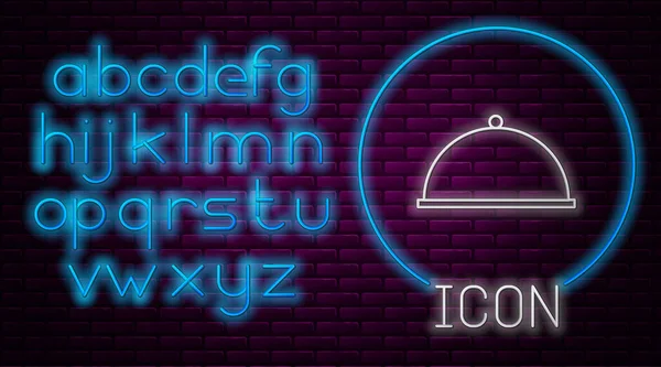 Ragyogó Neon Vonal Fedett Tálca Élelmiszer Ikon Elszigetelt Téglafal Háttér — Stock Vector