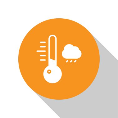 Beyaz Meteoroloji termometresi beyaz arkaplanda izole edilmiş ikonu ölçüyor. Termometre termometresi sıcak ya da soğuk hava gösteriyor. Turuncu daire düğmesi. Vektör İllüstrasyonu