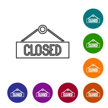 Beyaz arkaplanda izole edilmiş metin kapatılmış simgesi olan siyah çizgi asma işareti. Kafe ya da restoran için iş teması. Simgeleri renk daire düğmelerine ayarla. Vektör İllüstrasyonu