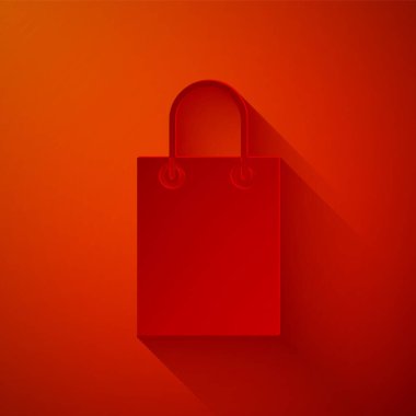 Kağıt kesiği, kırmızı arkaplanda izole edilmiş kağıt poşet ikonu. Paket işareti. Kağıt sanatı tarzı. Vektör İllüstrasyonu