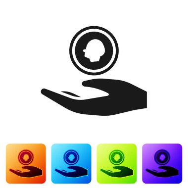 Kara El para ikonunu beyaz arka planda tutuyor. Dolar ya da USD sembolü. Nakit bankacılık tabelası. Renkli kare düğmelerle simgeleri ayarla. Vektör İllüstrasyonu