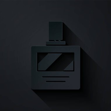 Siyah arkaplanda kağıt kesiği losyon ikonu var. Parfüm spreyi ikonu. Erkek parfüm şişesi. Kağıt sanatı tarzı. Vektör İllüstrasyonu