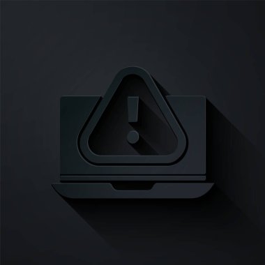 Kağıt kesimi Laptop, siyah arkaplanda izole edilmiş ünlem işareti simgesi. Uyarı mesajı akıllı telefon uyarısı. Kağıt sanatı tarzı. Vektör İllüstrasyonu