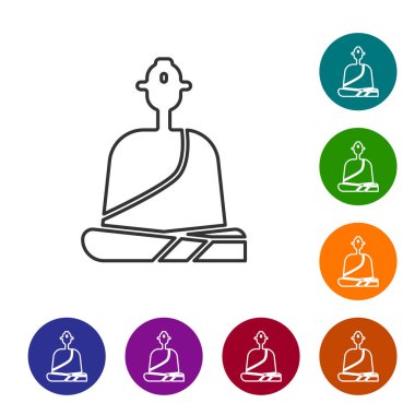 Beyaz arka planda izole edilmiş meditasyon ikonu içinde oturan siyah çizgi Budist keşiş. Simgeleri renk daire düğmelerine ayarla. Vektör İllüstrasyonu