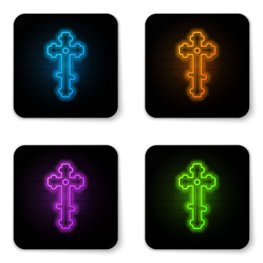 Parlayan neon renkli haç simgesi beyaz arka planda izole edildi. Kilise haçı. Siyah kare düğme. Vektör İllüstrasyonu