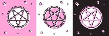 Pentagram 'ı pembe beyaz ve siyah arkaplanda izole edilmiş bir daire simgesine ayarla. Sihirli okült yıldız sembolü. Vektör İllüstrasyonu