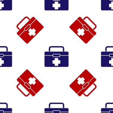 Mavi ve kırmızı ilk yardım çantası ikonu beyaz arkaplanda pürüzsüz desen izole etti. Haçlı sağlık kutusu. Acil durumlar için tıbbi ekipman. Sağlık sigortası konsepti. Vektör İllüstrasyonu