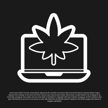 Siyah dizüstü bilgisayar ve tıbbi marihuana ya da kenevir yaprağı ikonu siyah arka planda izole edilmiş. İnternetten satın alma sembolü. Süpermarket sepeti. Vektör İllüstrasyonu