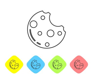 Beyaz arka planda marihuana yaprağı ikonu olan gri çizgi çikolatalı kurabiyeler. Ot, kenevir, tıbbi ve eğlence amaçlı esrar. Renkli eşkenar dörtgen düğmelerine simgeleri yerleştir. Vektör İllüstrasyonu