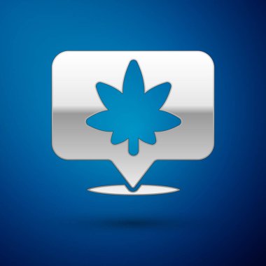 Gümüş Harita İşaretleyici ve marihuana veya kenevir yaprağı ikonu mavi arka planda izole edilmiş. Kenevir sembolü. Vektör İllüstrasyonu