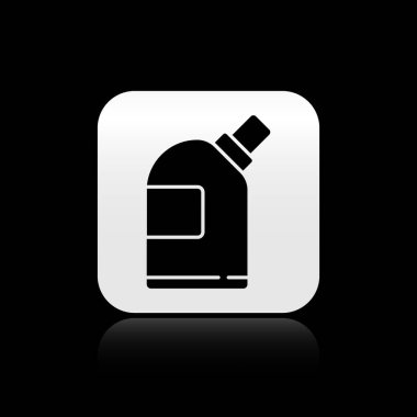 Çamaşır deterjanı, çamaşır suyu, bulaşık deterjanı ya da siyah arka planda izole edilmiş başka bir temizlik malzemesi için siyah plastik şişeler. Gümüş kare düğme. Vektör İllüstrasyonu