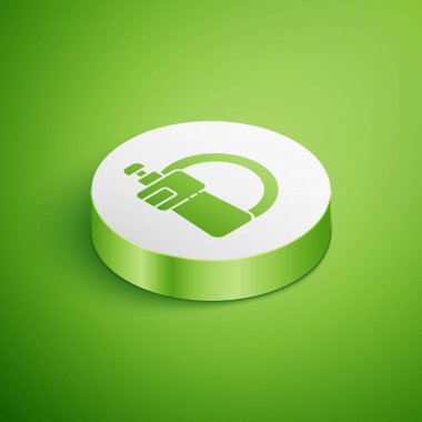 Isometric Bulaşık Sıvısı Şişesi ve Tabak ikonu yeşil arka planda izole. Bulaşık yıkamak için sıvı deterjan. Beyaz daire düğmesi. Vektör İllüstrasyonu