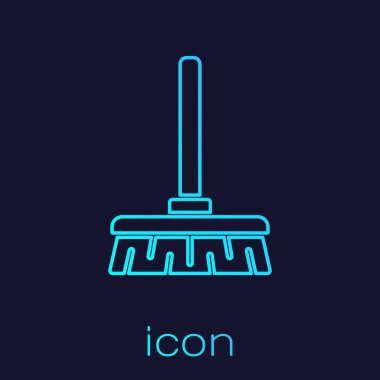 Turkuaz çizgi süpürge sapı simgesi mavi arkaplanda izole edildi. Temizlik hizmeti konsepti. Vektör İllüstrasyonu