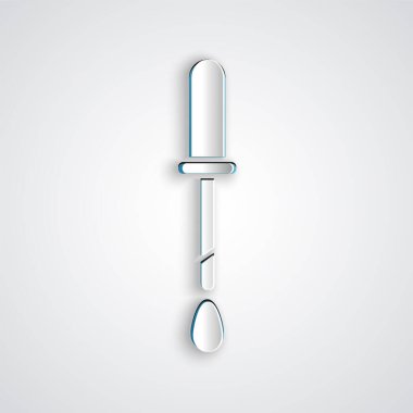 Kağıt kesiği, gri arkaplanda izole edilmiş Pipette simgesi. Tıbbi elementler, kimya laboratuarı ekipmanları. Damlalı boru. Tıp sembolü. Kağıt sanatı tarzı. Vektör İllüstrasyonu