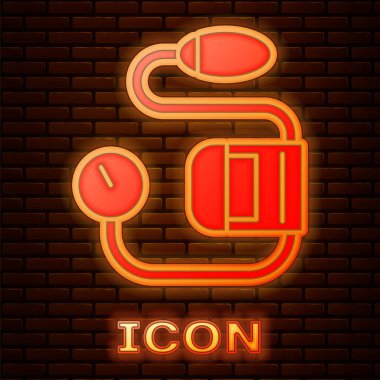 Parlayan neon tansiyon ikonu tuğla duvar arka planında izole edildi. Vektör İllüstrasyonu