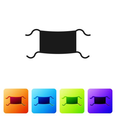 Siyah tıbbi maske simgesi beyaz arkaplanda izole edilmiş. Renkli kare düğmelerle simgeleri ayarla. Vektör İllüstrasyonu