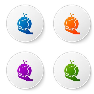 Color Human hands holding Earth globe icon isolated on white background. Save earth concept. Set icons in circle buttons. Vector Illustration