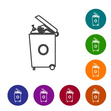 Siyah çizgi Çöp kutusu simgesi beyaz arkaplanda izole edildi. Çöp kutusu tabelası. Sepet simgesini geri dönüştür. Ofis çöpü ikonu. Simgeleri renk daire düğmelerine ayarla. Vektör İllüstrasyonu