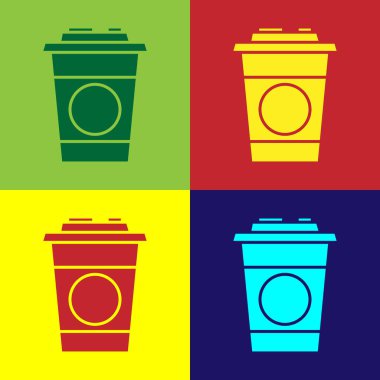 Pop Art Paper cam ikonu renk arkaplanında izole edilmiş. Soda bardağı. Taze soğuk içecek sembolü. Vektör İllüstrasyonu