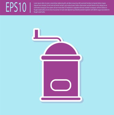 Retro mor manuel kahve öğütücü ikonu turkuaz arka planda izole edilmiş. Vektör İllüstrasyonu