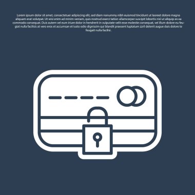 Mavi arkaplanda kilit simgesi olan mavi çizgi kredi kartı. Kilitli banka kartı. Güvenlik, güvenlik, koruma. Güvenli ödeme kavramı. Vektör İllüstrasyonu