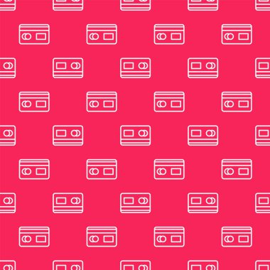 Beyaz çizgi kredi kartı simgesi kırmızı arkaplanda kusursuz desen izole etti. Çevrimiçi ödeme. Nakit çekilmesi. Finansal operasyonlar. Alışveriş tabelası. Vektör İllüstrasyonu