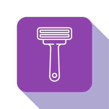 Beyaz çizgili tıraş makinesi simgesi beyaz arkaplanda izole edilmiş. Mor kare düğme. Vektör İllüstrasyonu