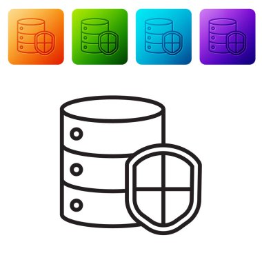 Beyaz arkaplanda kalkan simgesi olan siyah çizgi sunucusu. Saldırılara karşı koruma. Ağ güvenlik duvarı, yönlendirici, anahtar, veri. Renkli kare düğmelerle simgeleri ayarla. Vektör İllüstrasyonu