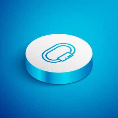 Isometric çizgi karabina simgesi mavi arkaplanda izole edildi. Olağanüstü bir spor. Spor malzemeleri. Beyaz daire düğmesi. Vektör İllüstrasyonu