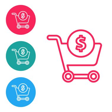 Kırmızı çizgi alışveriş arabası ve dolar sembolü beyaz arka planda izole edilmiş. İnternetten satın alma konsepti. Teslimat servisi. Süpermarket sepeti. Simgeleri daire düğmelerine ayır. Vektör İllüstrasyonu