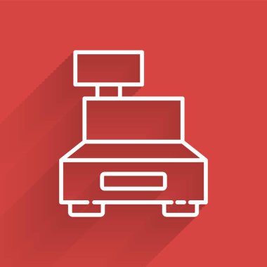 Uzun gölgeli bir çek simgesi olan beyaz çizgi yazar kasa. Kasiyer tabelası. Tabut sembolü. Vektör İllüstrasyonu