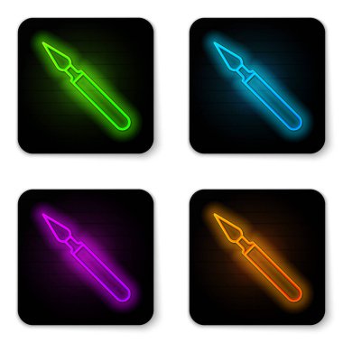 Parlayan neon hattı tıbbi cerrahi alet ikonu beyaz arka planda izole edildi. Tıbbi alet. Siyah kare düğme. Vektör İllüstrasyonu